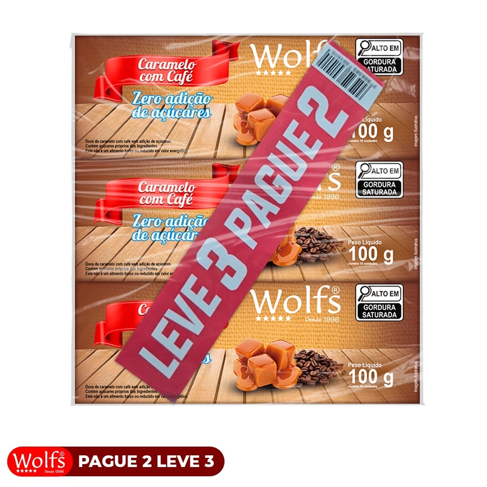 KIT PROMOCIONAL PAGUE 2 LEVE 3 DE CARAMELO COM CAFE ZERO ACUCAR WOLFS