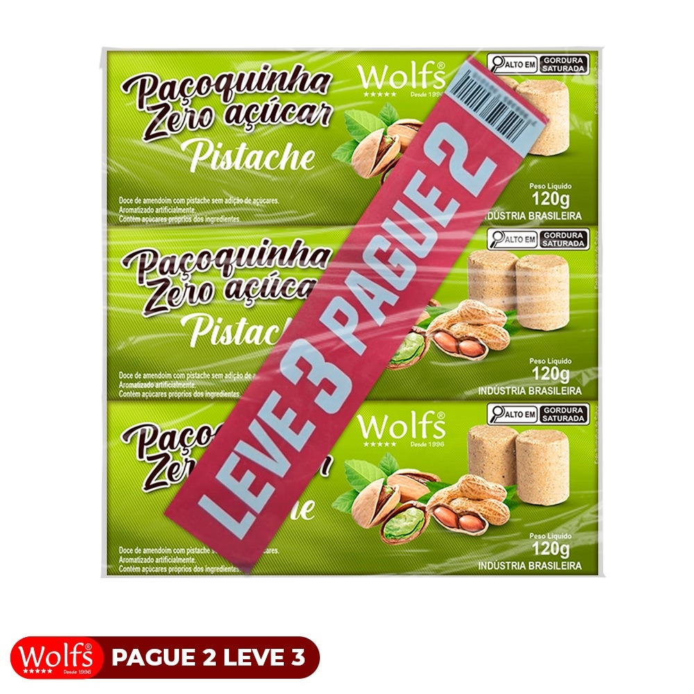 KIT PROMOCIONAL PAGUE 2 LEVE 3 DE PACOCA DE PISTACHE ZERO ACUCAR WOLFS