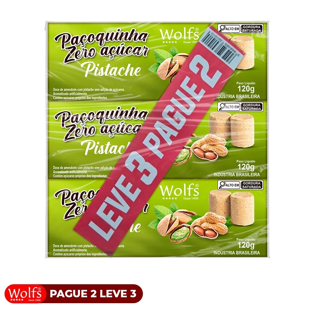 KIT PROMOCIONAL PAGUE 2 LEVE 3 DE PACOCA DE PISTACHE ZERO ACUCAR WOLFS