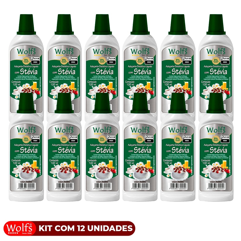 KIT COM 12 UNIDADES DE ADOCANTES WOLFS COM STEVIA 100ML