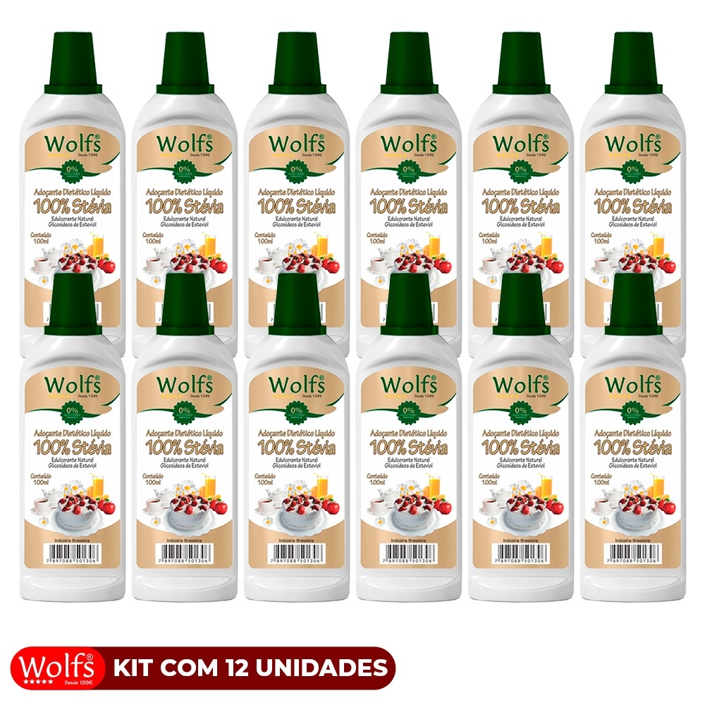 KIT COM 12 UNIDADES DE ADOCANTES WOLFS 100% STEVIA 100ML