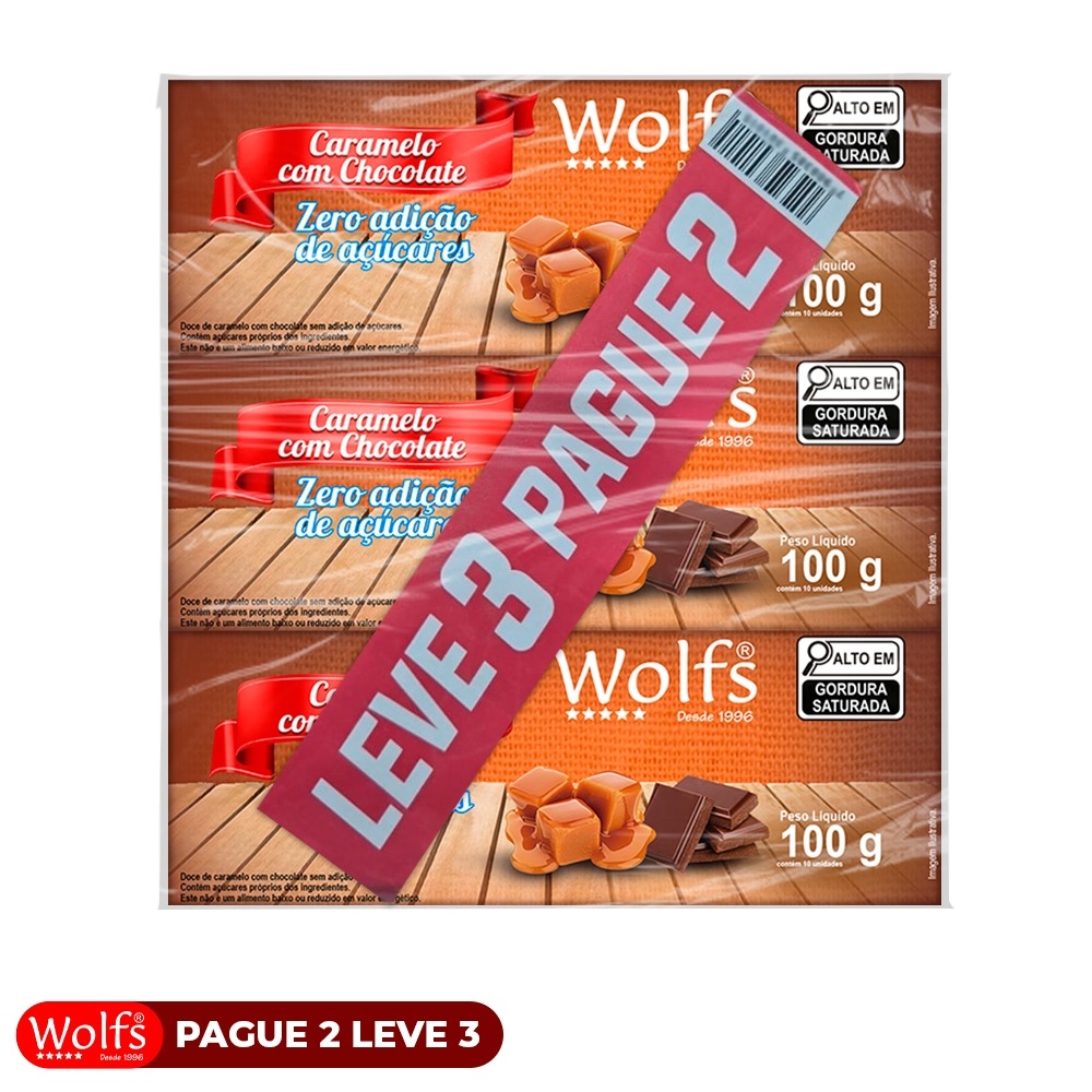 KIT PROMOCIONAL PAGUE 2 LEVE 3 DE CARAMELO COM CHOCOLATE ZERO ACUCAR WOLFS