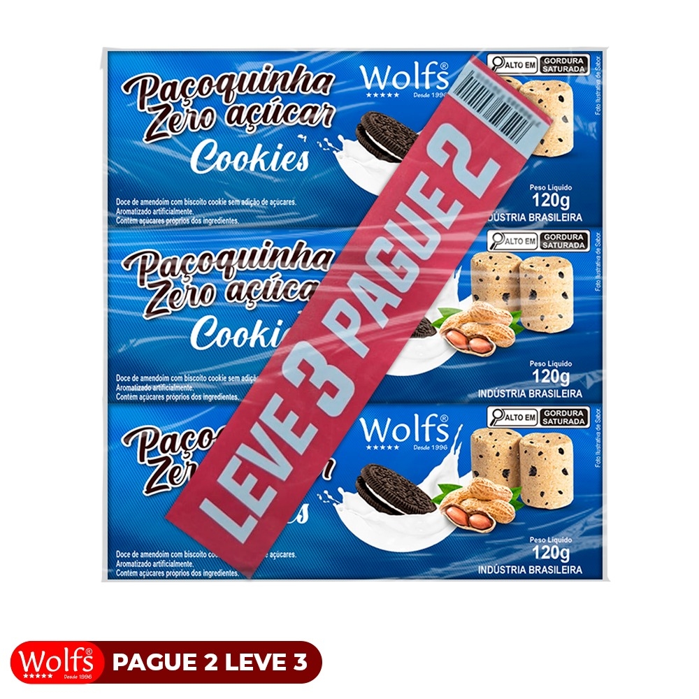KIT PROMOCIONAL PAGUE 2 LEVE 3 DE PACOCA DE COOKIES ZERO ACUCAR WOLFS